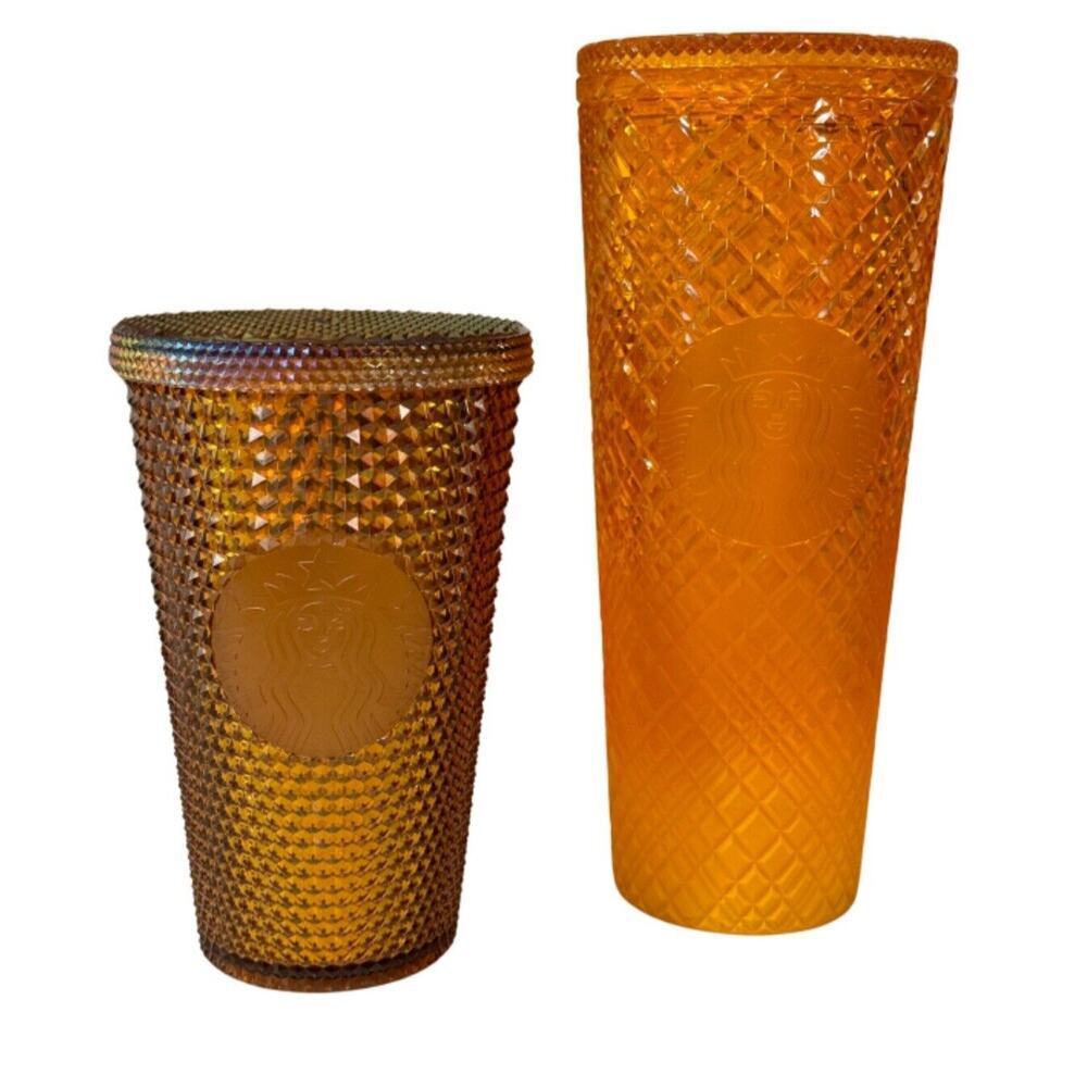 Lot Of 2 Starbucks Orange Fall Tumbler 2022 Jeweled Studded Tumbler Cold Cup